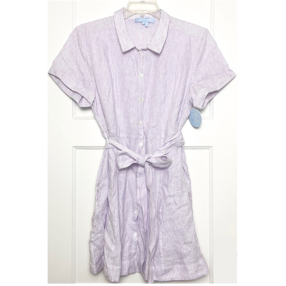 NWT HILL HOUSE Linen Lilac Stripe Short Sleeve Tie Waist Button Up Shirt Dress L - Picture 3 of 8